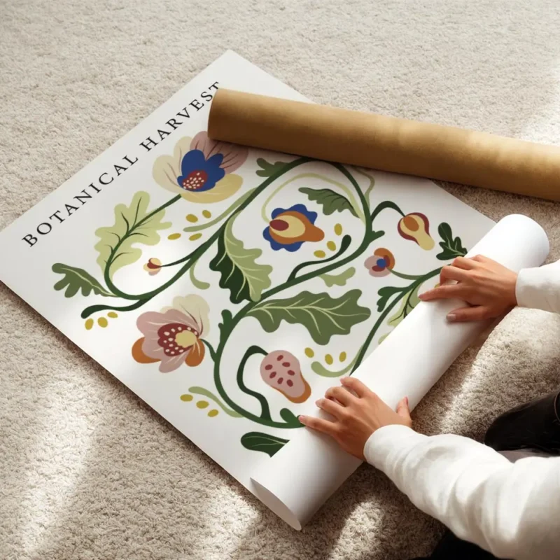 affiche botanique avec une illustration de motifs floraux multicolores et de typ enroule.webp