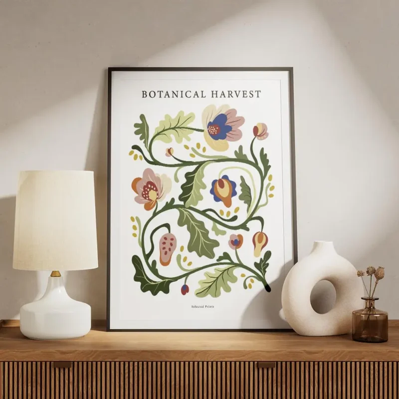 affiche botanique avec une illustration de motifs floraux multicolores et de typ meuble.webp