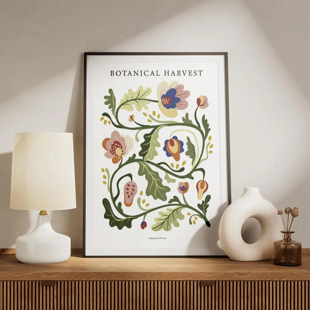 affiche botanique avec une illustration de motifs floraux multicolores et de typ meuble.webp