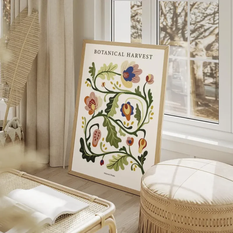 affiche botanique avec une illustration de motifs floraux multicolores et de typ salon beige.webp