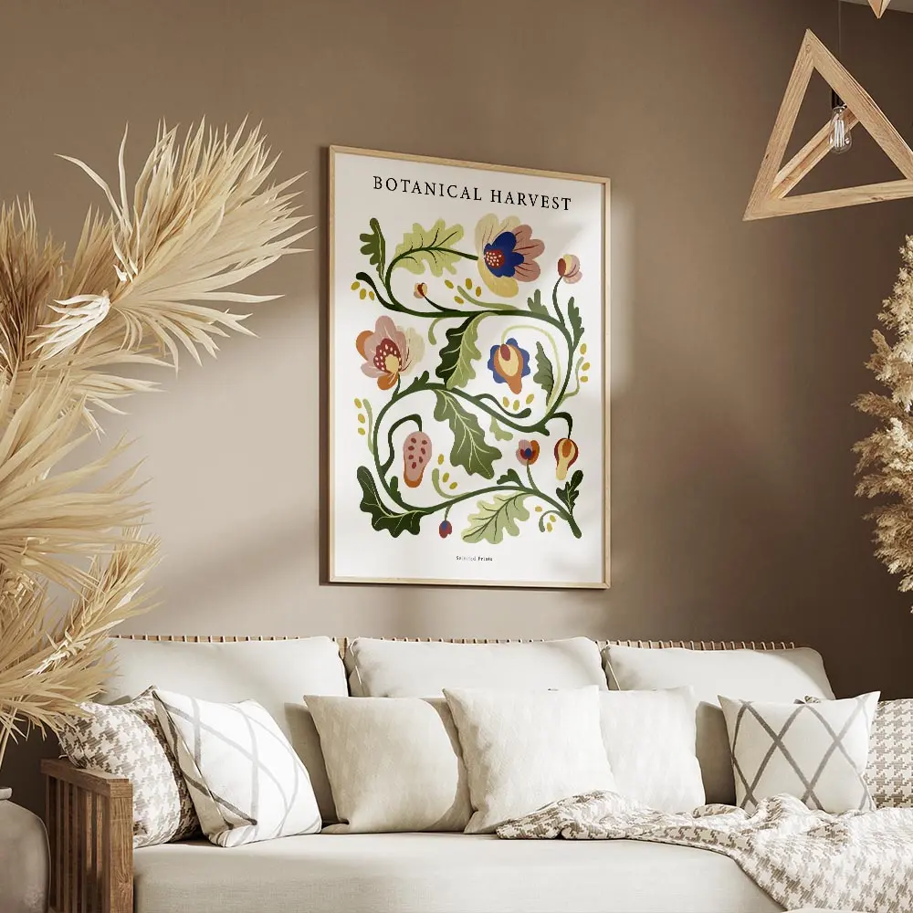 affiche botanique avec une illustration de motifs floraux multicolores et de typ salon.webp