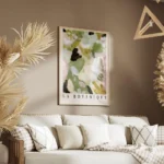 affiche botanique avec une peinture impressionniste de plantes vertes et roses e salon.webp