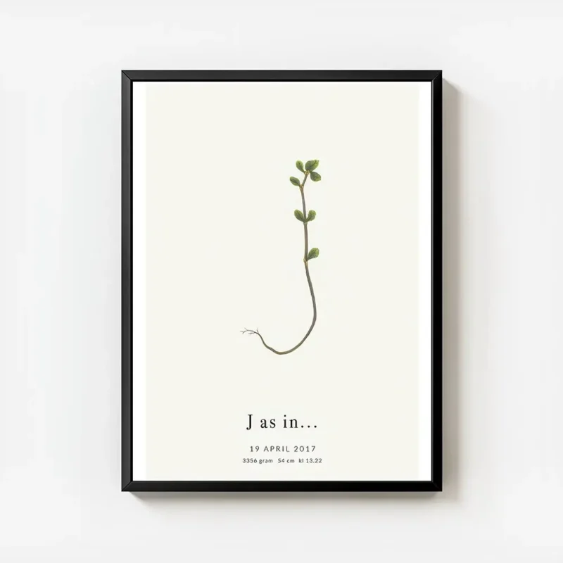affiche botanique avec une plante formant la lettre j et du texte personnalise e avec cadre.webp
