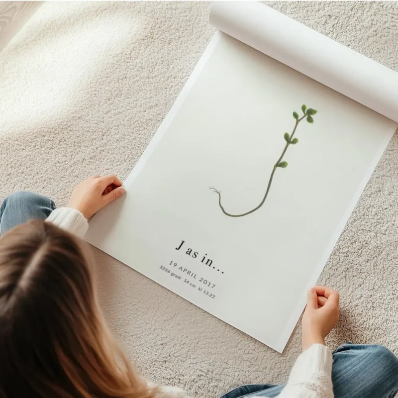 affiche botanique avec une plante formant la lettre j et du texte personnalise e en rouleau.webp