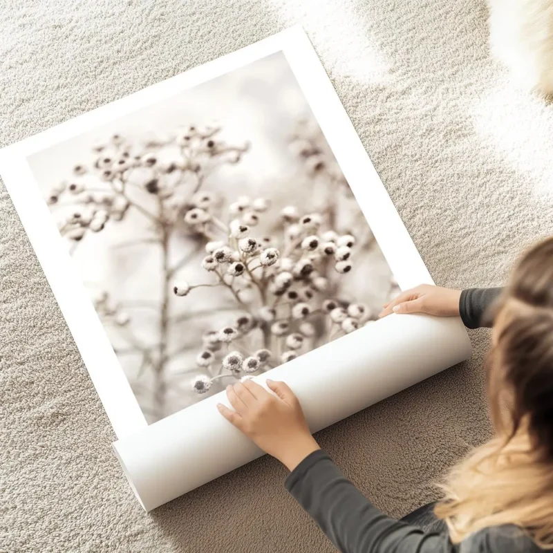 affiche botanique beige avec petites fleurs blanches au c ur marron sur fond cla au sol.webp