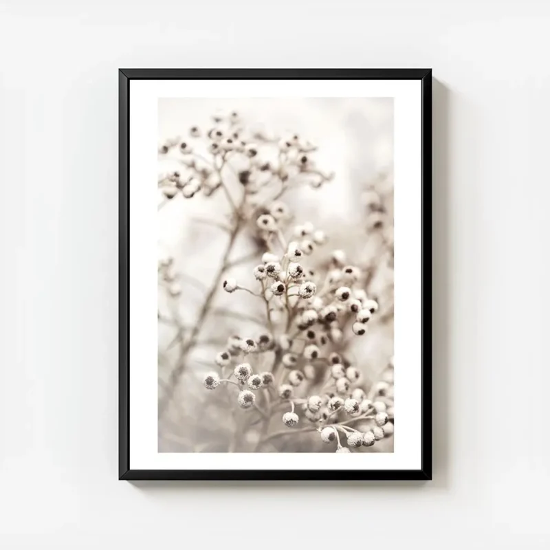affiche botanique beige avec petites fleurs blanches au c ur marron sur fond cla avec cadre.webp