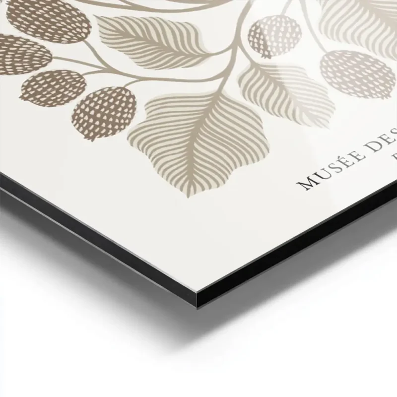 affiche botanique beige et marron avec un dessin au trait de feuilles et de frui aluminium.webp