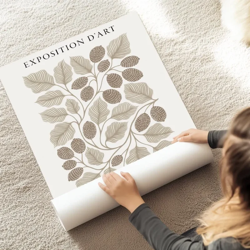 affiche botanique beige et marron avec un dessin au trait de feuilles et de frui au sol.webp
