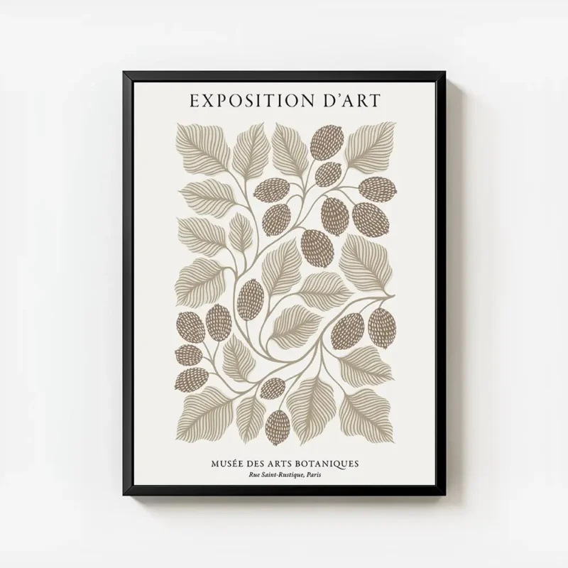 affiche botanique beige et marron avec un dessin au trait de feuilles et de frui avec cadre.webp