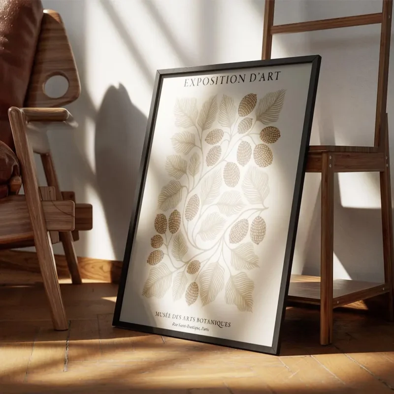affiche botanique beige et marron avec un dessin au trait de feuilles et de frui encadre.webp
