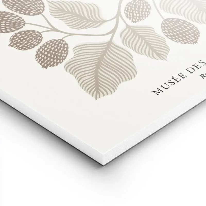affiche botanique beige et marron avec un dessin au trait de feuilles et de frui lightpanel.webp