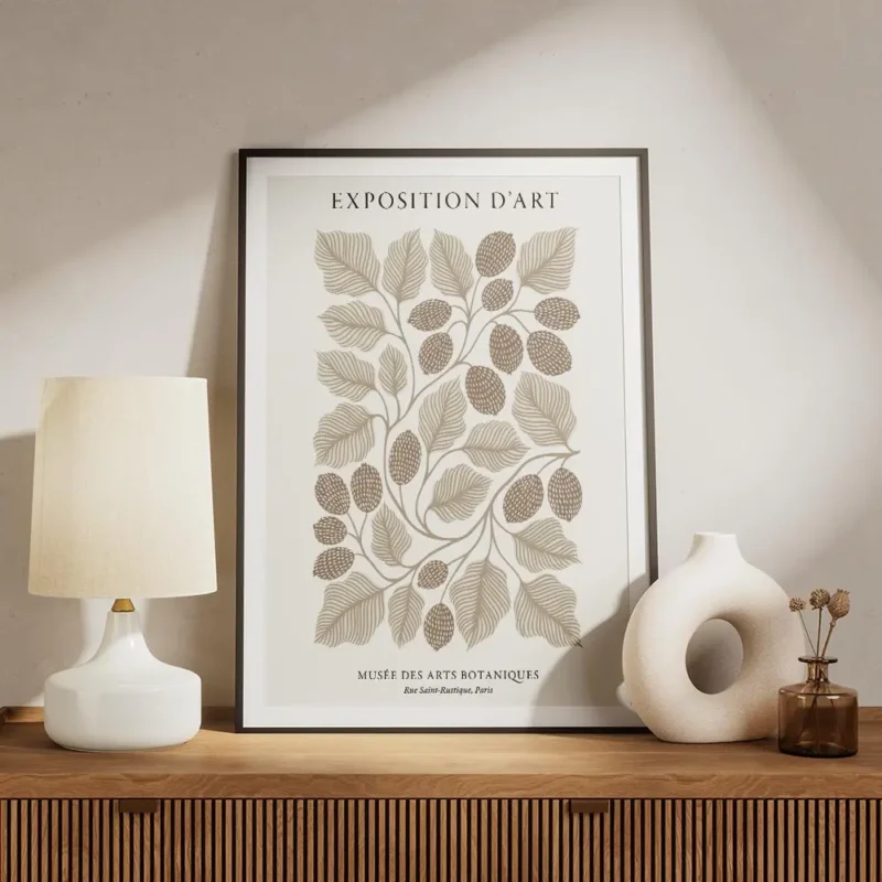 affiche botanique beige et marron avec un dessin au trait de feuilles et de frui meuble.webp