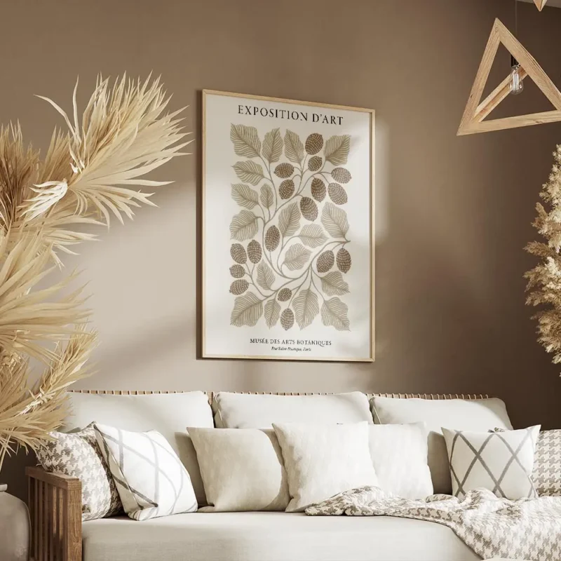 affiche botanique beige et marron avec un dessin au trait de feuilles et de frui salon.webp