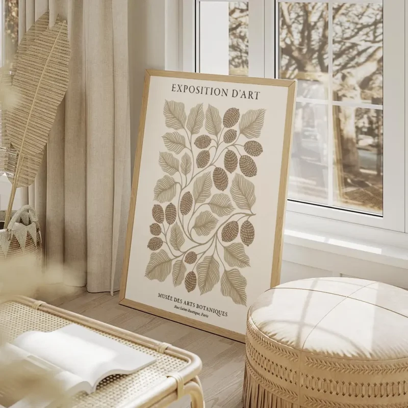 affiche botanique beige et marron avec un dessin au trait de feuilles et de frui salon beige.webp