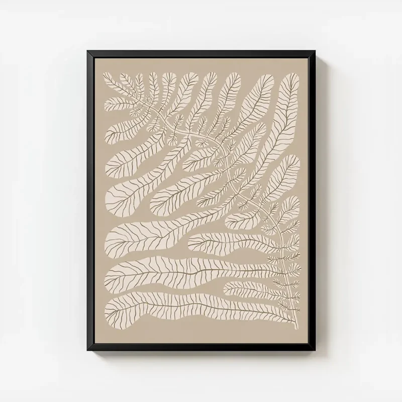 affiche botanique creme representant des feuilles beiges claires avec des nervur avec cadre.webp