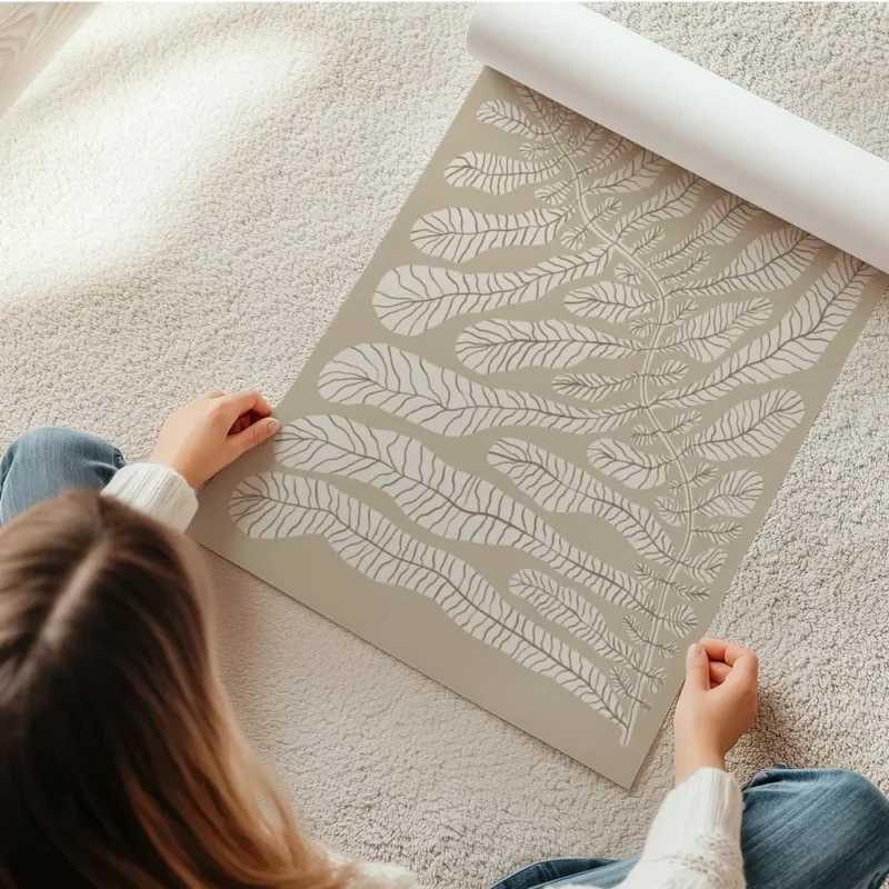 affiche botanique creme representant des feuilles beiges claires avec des nervur en rouleau.webp