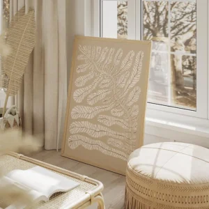 affiche botanique creme representant des feuilles beiges claires avec des nervur salon beige.webp