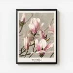 affiche botanique de magnolias roses et blancs avec des tiges vertes sur un fond avec cadre.webp