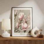affiche botanique de magnolias roses et blancs avec des tiges vertes sur un fond meuble.webp