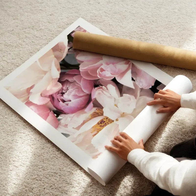 affiche botanique de pivoines roses et blanches avec un texte floral aux tons pa enroule.webp