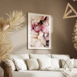 affiche botanique de pivoines roses et blanches avec un texte floral aux tons pa salon.webp
