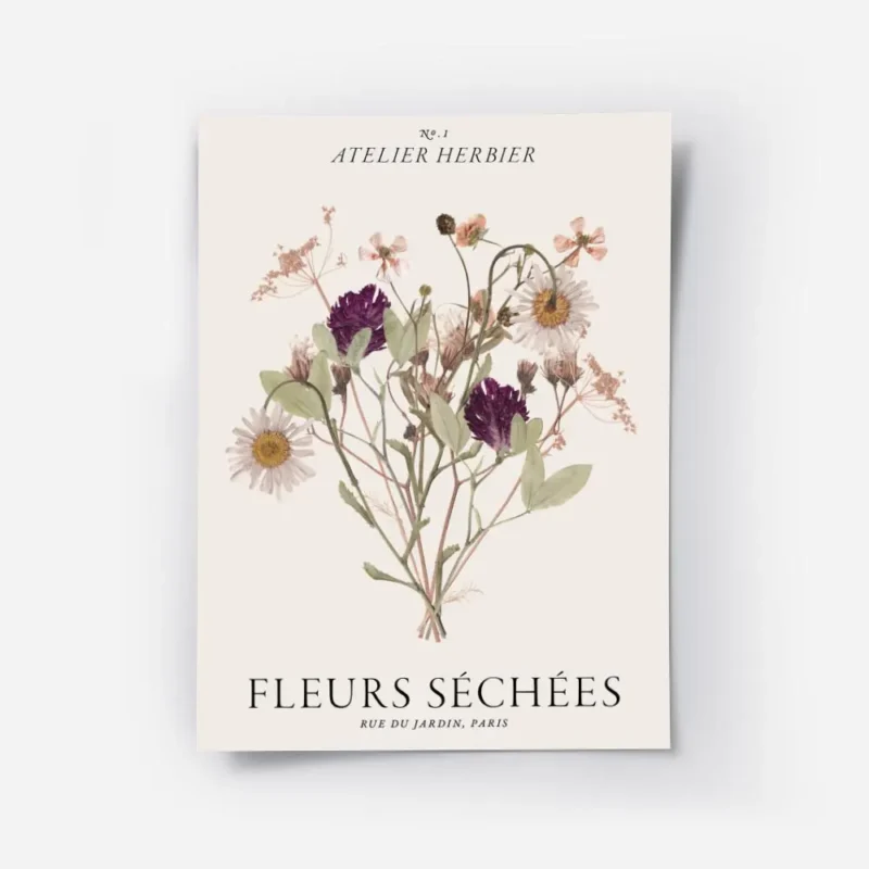 affiche botanique dun bouquet de fleurs sechees sur fond blanc avec typographie .webp