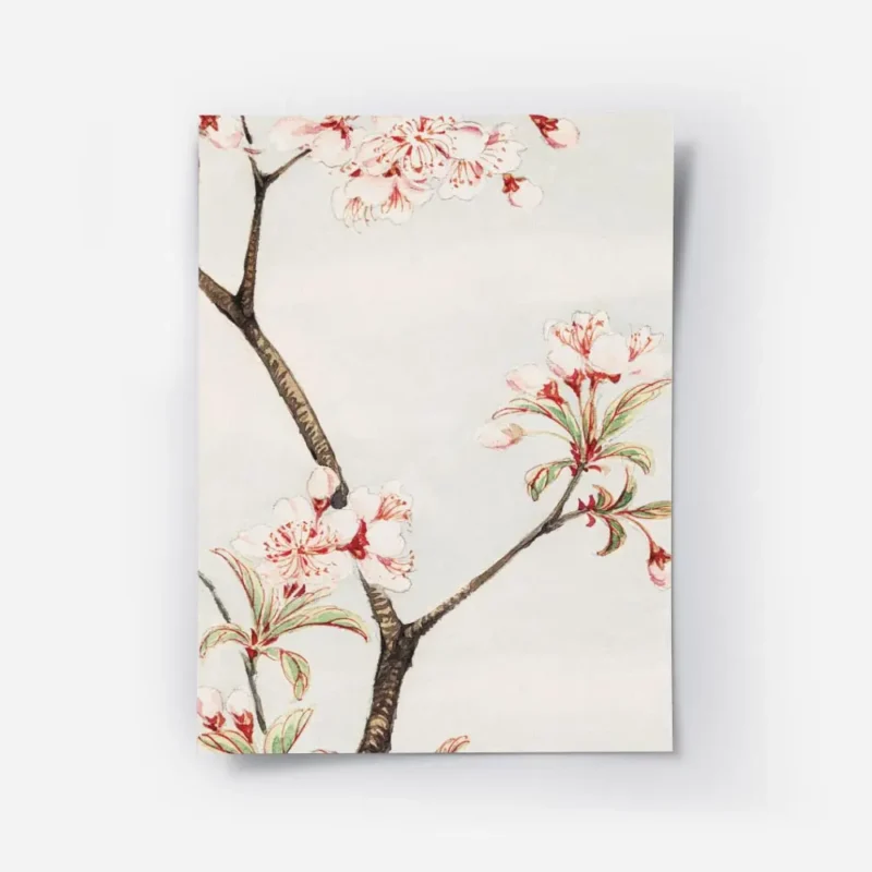 affiche botanique dun cerisier japonais branches marron et fleurs roses sur fond.webp