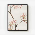 affiche botanique dun cerisier japonais branches marron et fleurs roses sur fond avec cadre.webp
