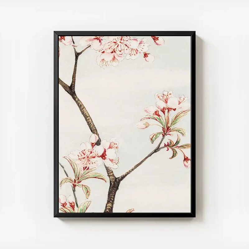 affiche botanique dun cerisier japonais branches marron et fleurs roses sur fond avec cadre.webp
