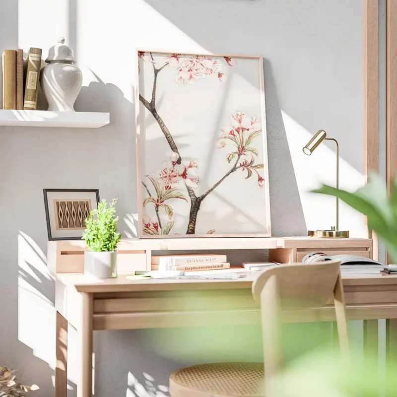 affiche botanique dun cerisier japonais branches marron et fleurs roses sur fond bureau.webp