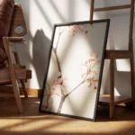 affiche botanique dun cerisier japonais branches marron et fleurs roses sur fond encadre.webp