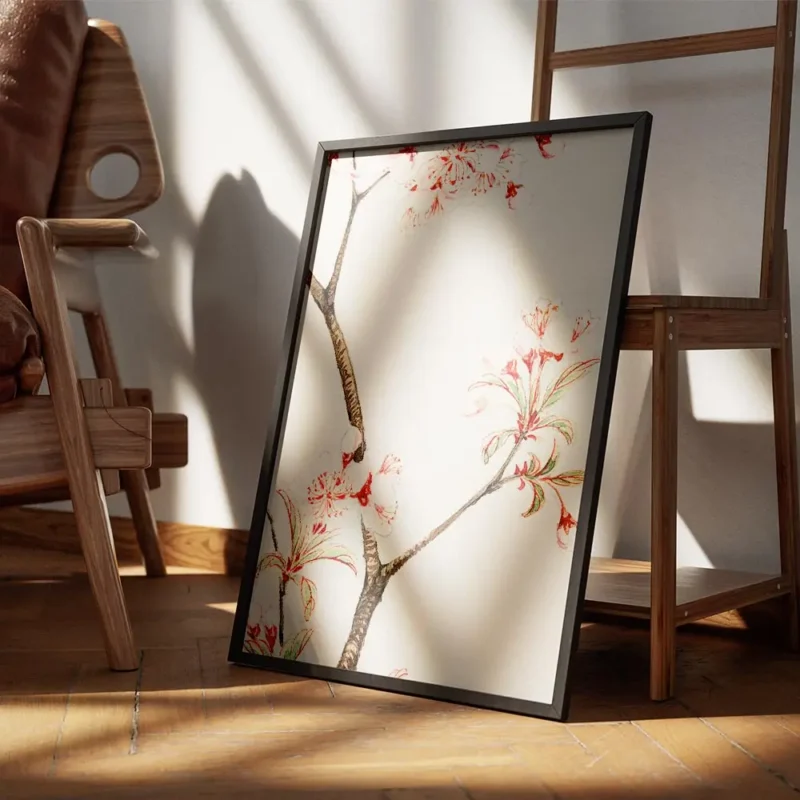 affiche botanique dun cerisier japonais branches marron et fleurs roses sur fond encadre.webp