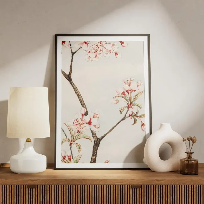 affiche botanique dun cerisier japonais branches marron et fleurs roses sur fond meuble.webp