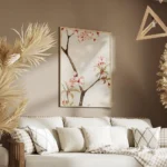 affiche botanique dun cerisier japonais branches marron et fleurs roses sur fond salon.webp