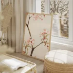 affiche botanique dun cerisier japonais branches marron et fleurs roses sur fond salon beige.webp