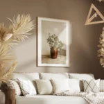 affiche botanique dun rameau dolivier dans un vase en terre cuite pose sur un so salon.webp