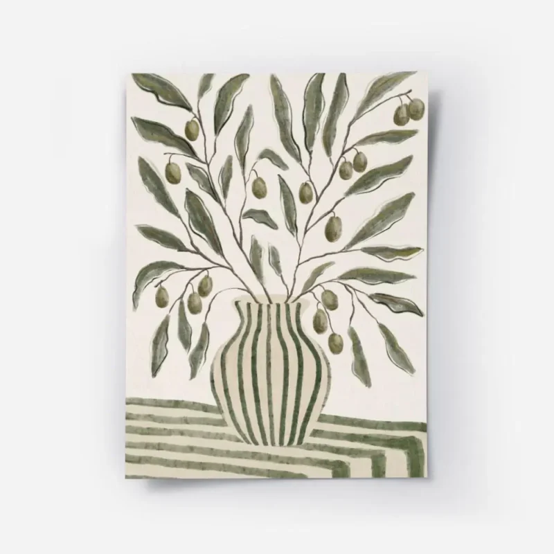 affiche botanique dun vase vert olive raye avec des branches dolivier et leurs f.webp