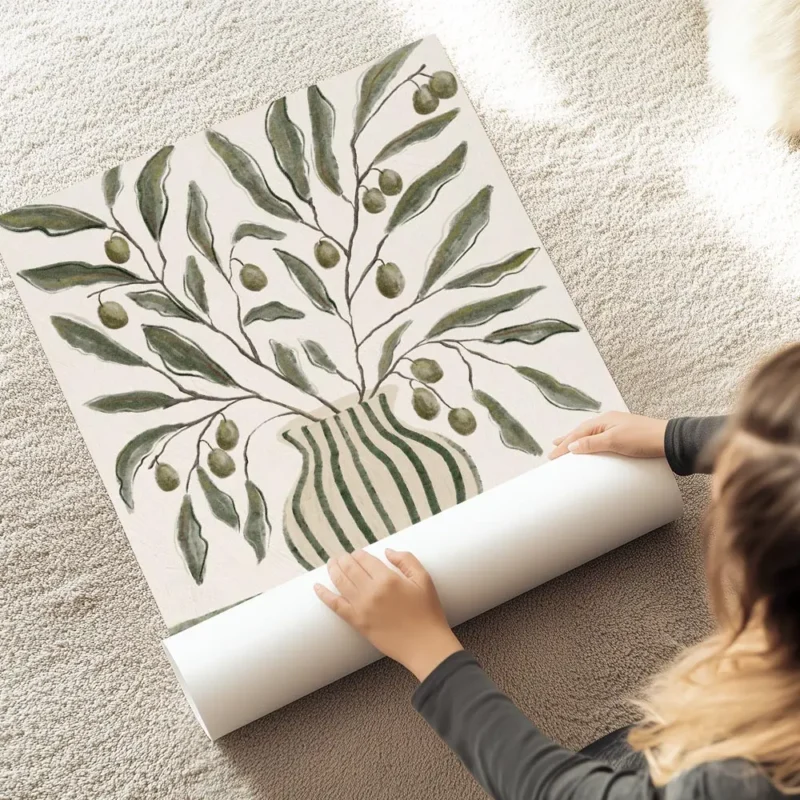 affiche botanique dun vase vert olive raye avec des branches dolivier et leurs f au sol.webp