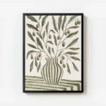 affiche botanique dun vase vert olive raye avec des branches dolivier et leurs f avec cadre.webp