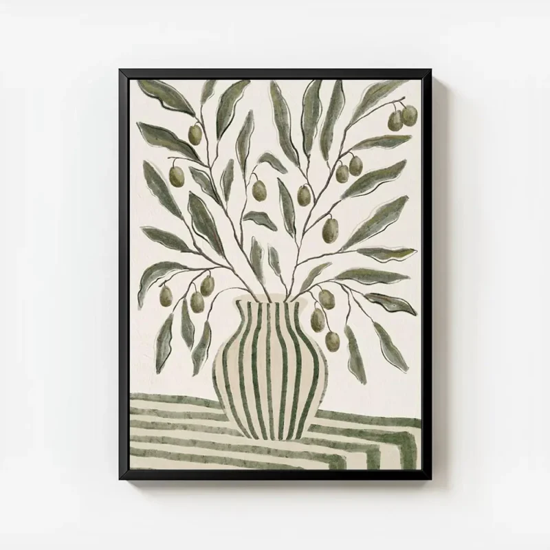 affiche botanique dun vase vert olive raye avec des branches dolivier et leurs f avec cadre.webp