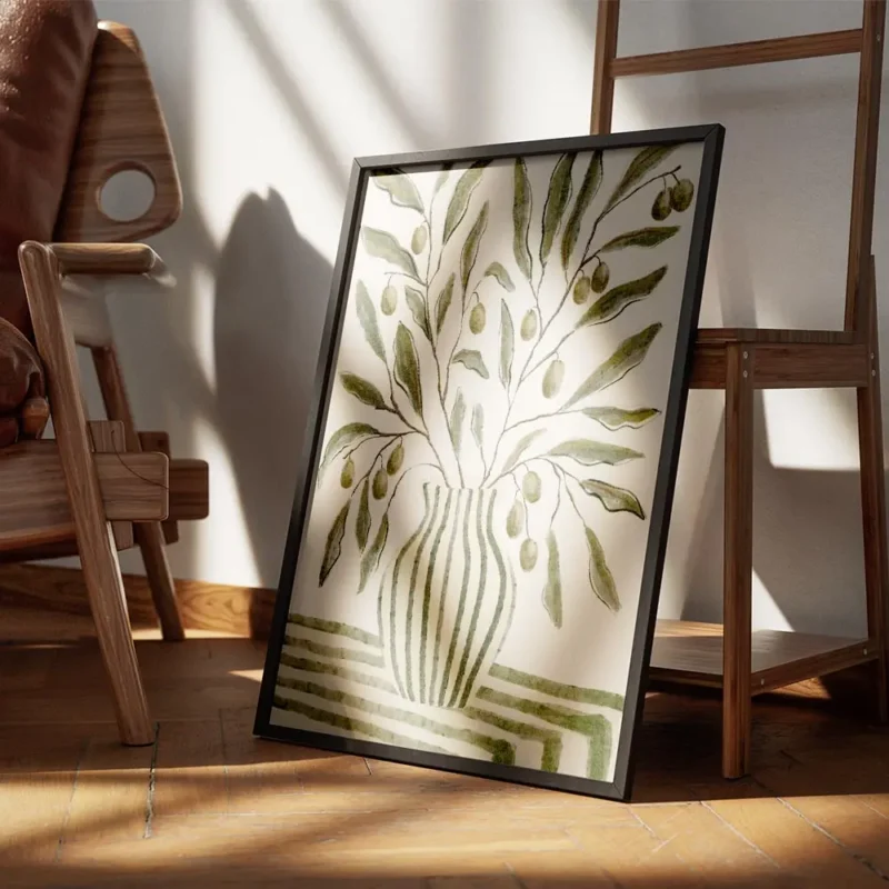 affiche botanique dun vase vert olive raye avec des branches dolivier et leurs f encadre.webp