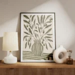 affiche botanique dun vase vert olive raye avec des branches dolivier et leurs f meuble.webp