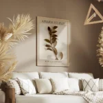 affiche botanique dune branche aux feuilles marron sur fond beige avec texte noi salon.webp