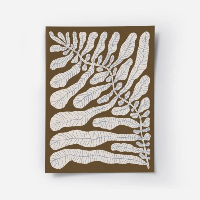 affiche botanique dune plante aux feuilles legeres et branches sur fond brun.webp