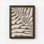 affiche botanique dune plante aux feuilles legeres et branches sur fond brun avec cadre.webp