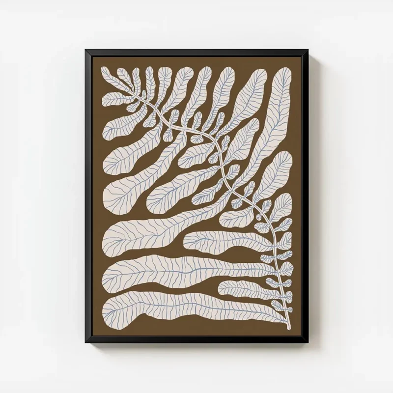 affiche botanique dune plante aux feuilles legeres et branches sur fond brun avec cadre.webp