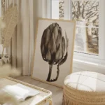 affiche botanique minimaliste dun artichaut beige sur fond clair avec des detail salon beige.webp
