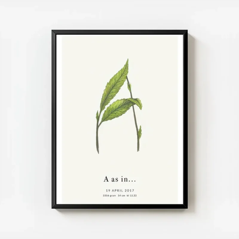 affiche botanique personnalisee avec illustration dune plante formant la lettre avec cadre.webp