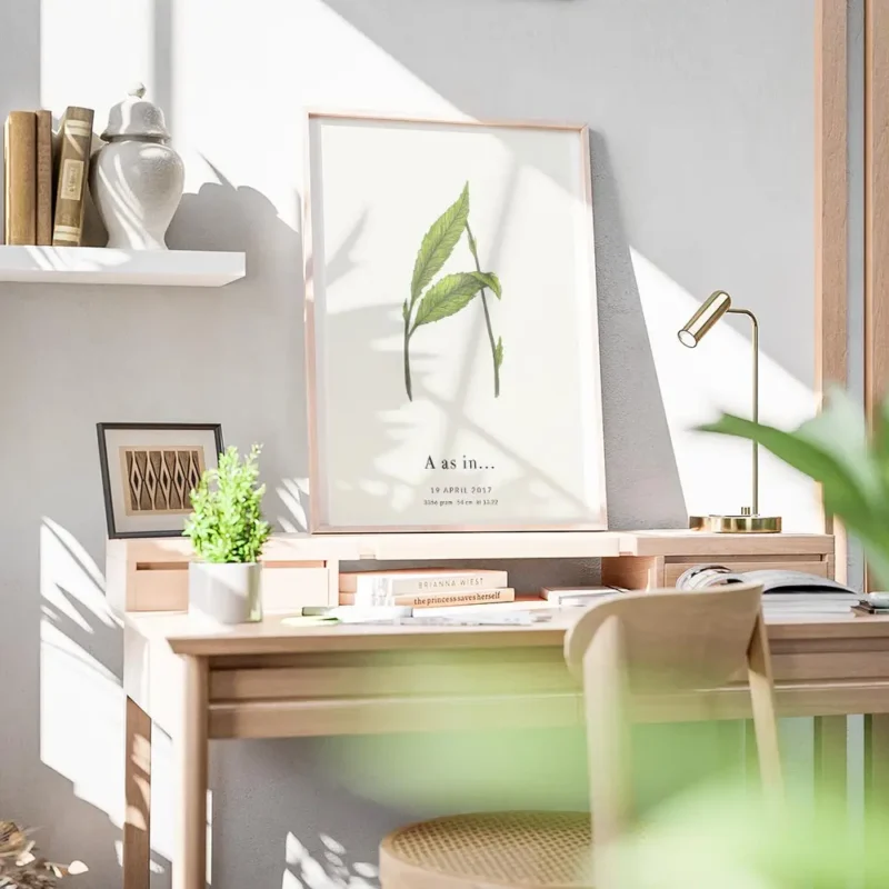 affiche botanique personnalisee avec illustration dune plante formant la lettre bureau.webp
