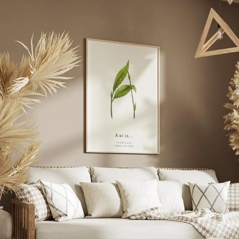 affiche botanique personnalisee avec illustration dune plante formant la lettre salon.webp